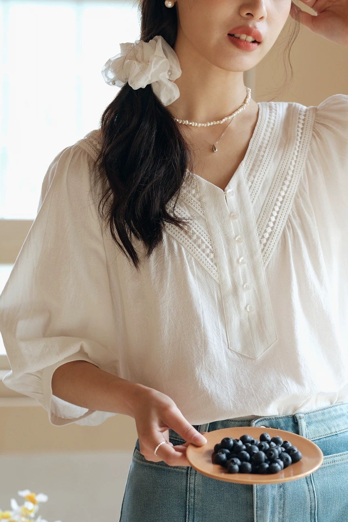 V-Neck Lace Trim Three Quarter Puff Sleeve Button Front Blouse