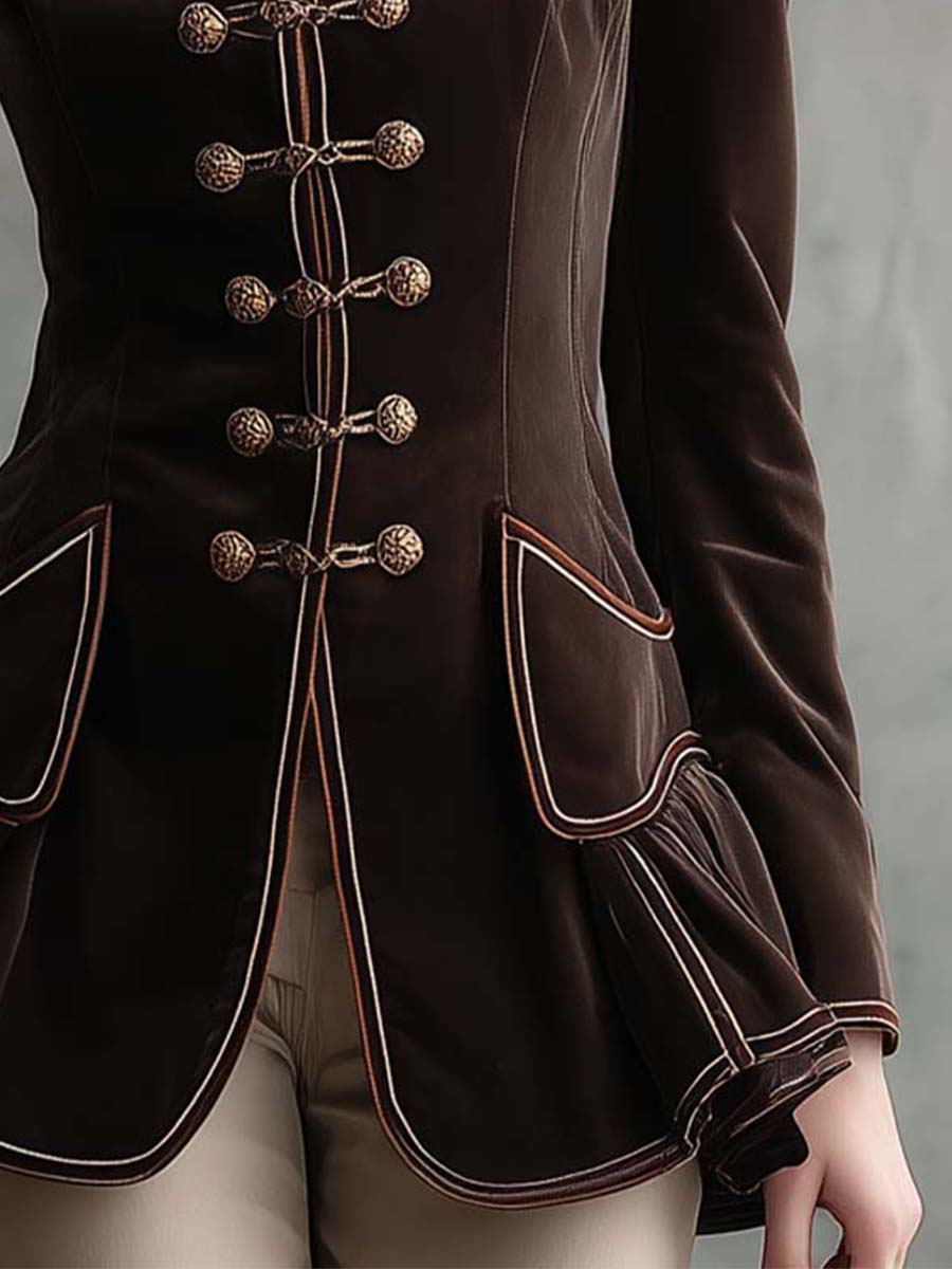 High-Neck Velvet Military Blazer With Gold Cord Buttons – Mocha Brown