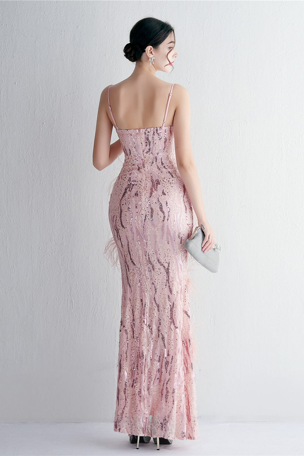 Sequin Deep V-Neck Spaghetti Strap Feather High Split Gown