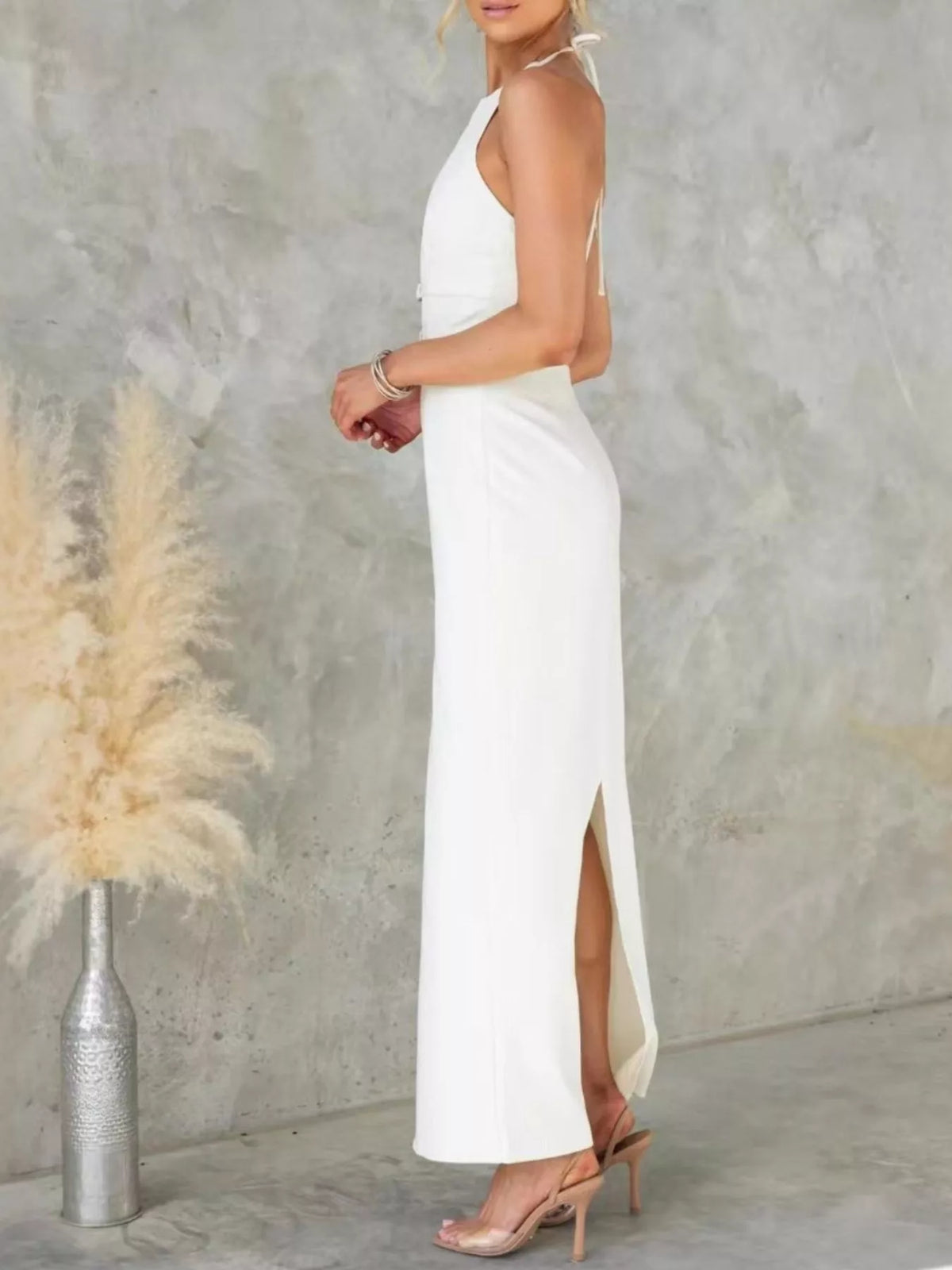 Halter Neck Double Buckle Belted Column Maxi Dress 3