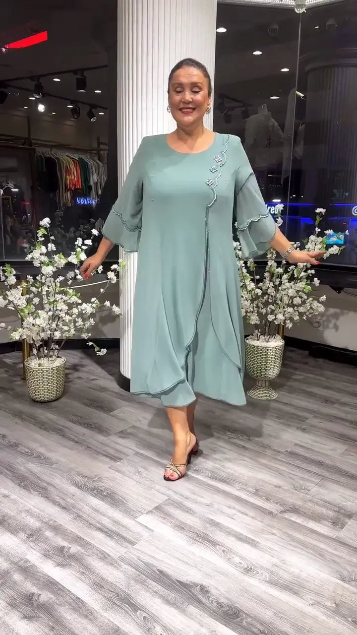 Chiffon Floral Applique Bell Sleeve Asymmetrical Tiered A-Line Midi Dress