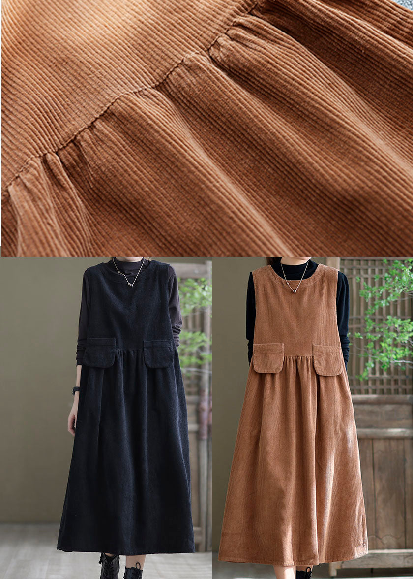 Corduroy Sleeveless Round Neck Flap Pocket Gathered Waist A-Line Midi Dress