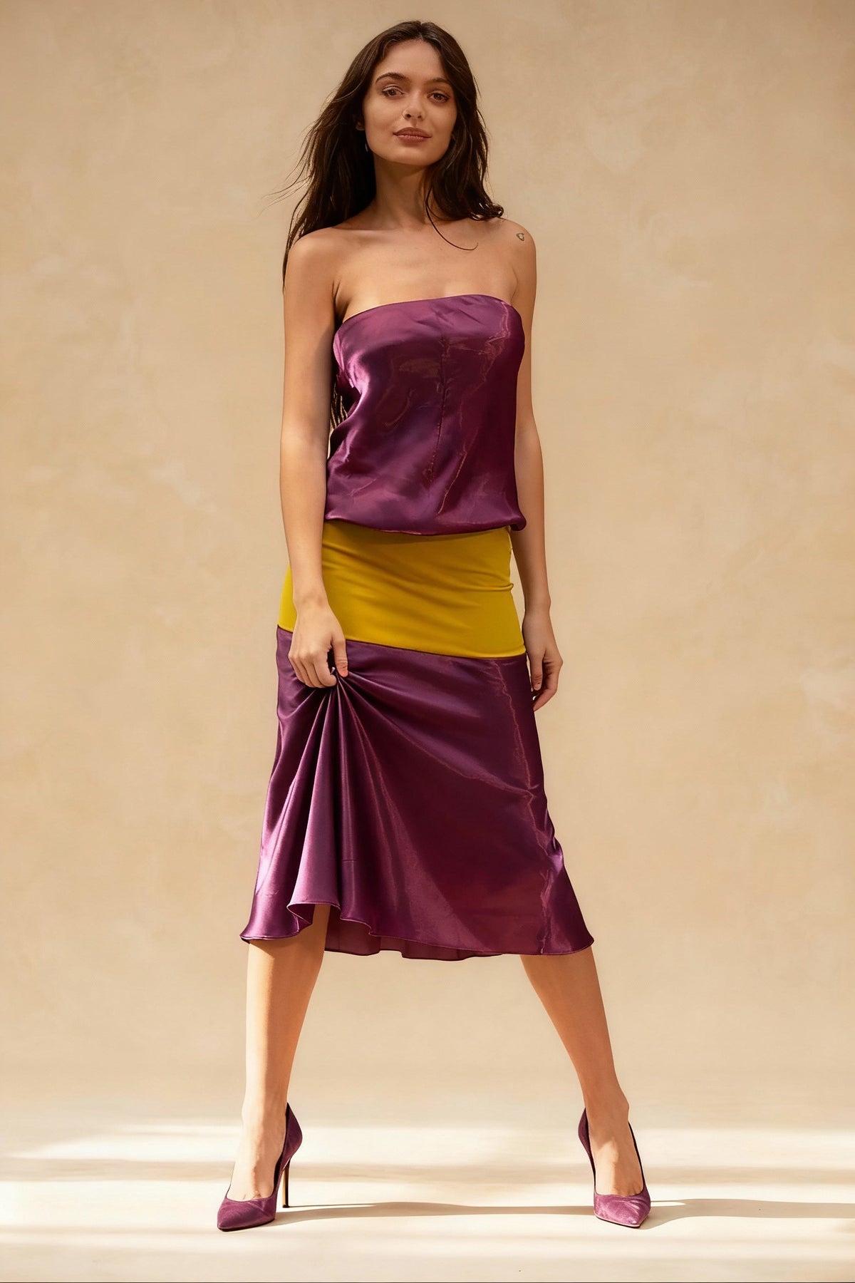 Strapless Satin Contrast Waist Panel Flared Midi Dress 2