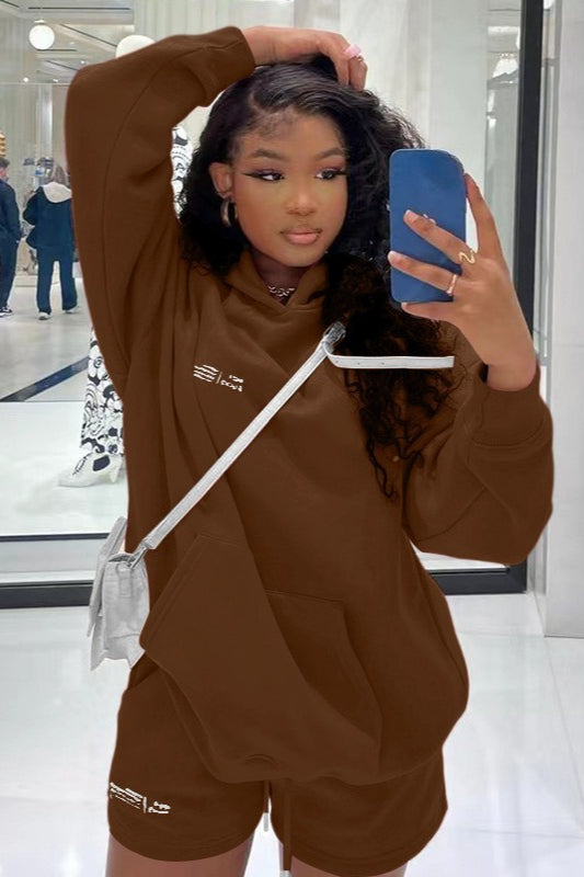 Oversized Kangaroo Pocket Letter Print Hoodie and Shorts Two Piece Set 4