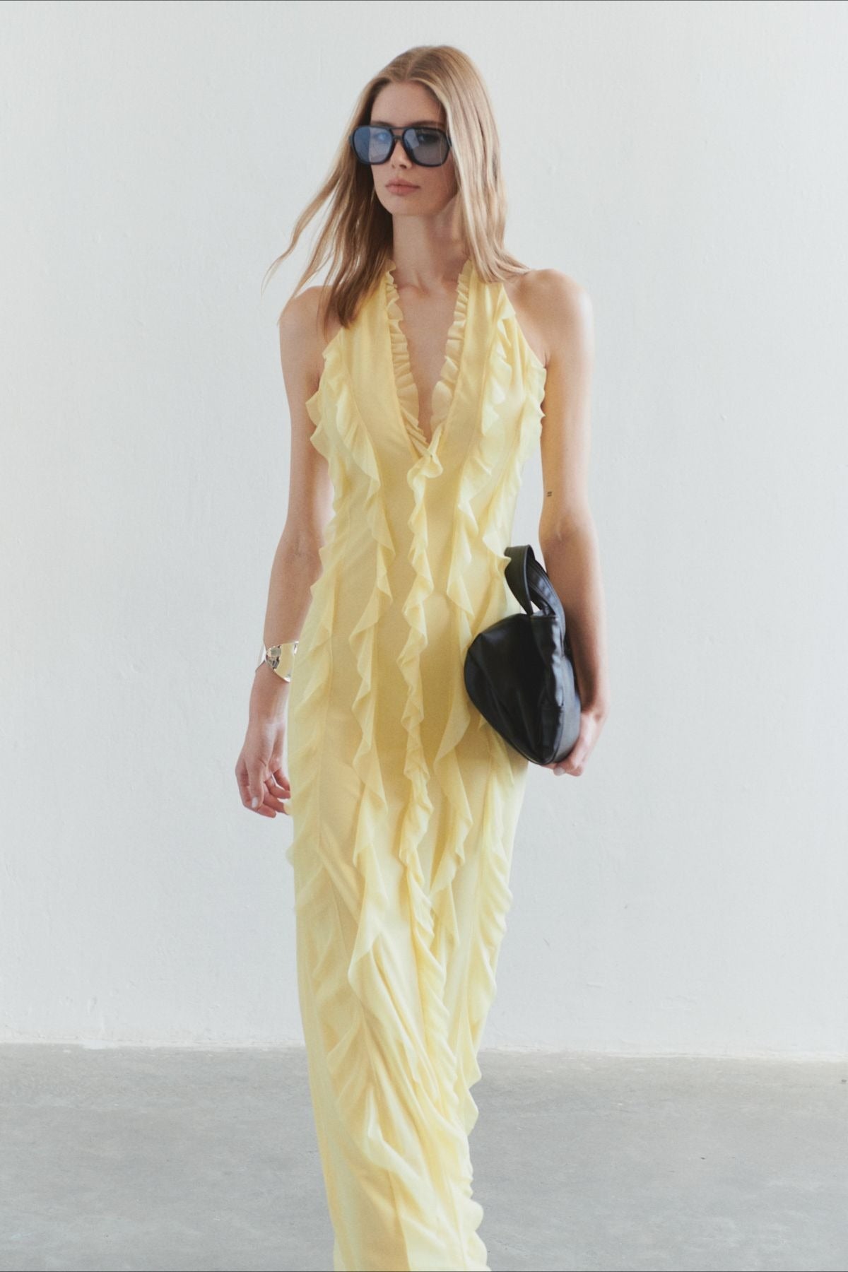Chiffon Halter Deep V-Neck Ruffle Trim Backless Slip Maxi Dress