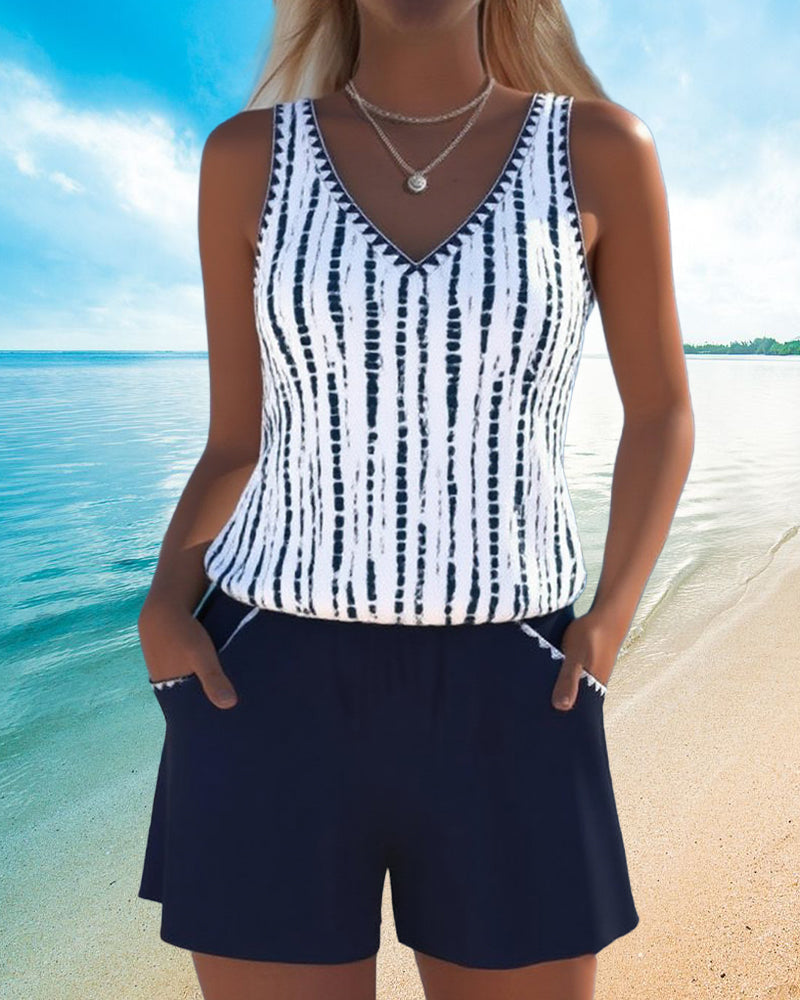 Striped V-Neck Sleeveless Pocket Playsuit