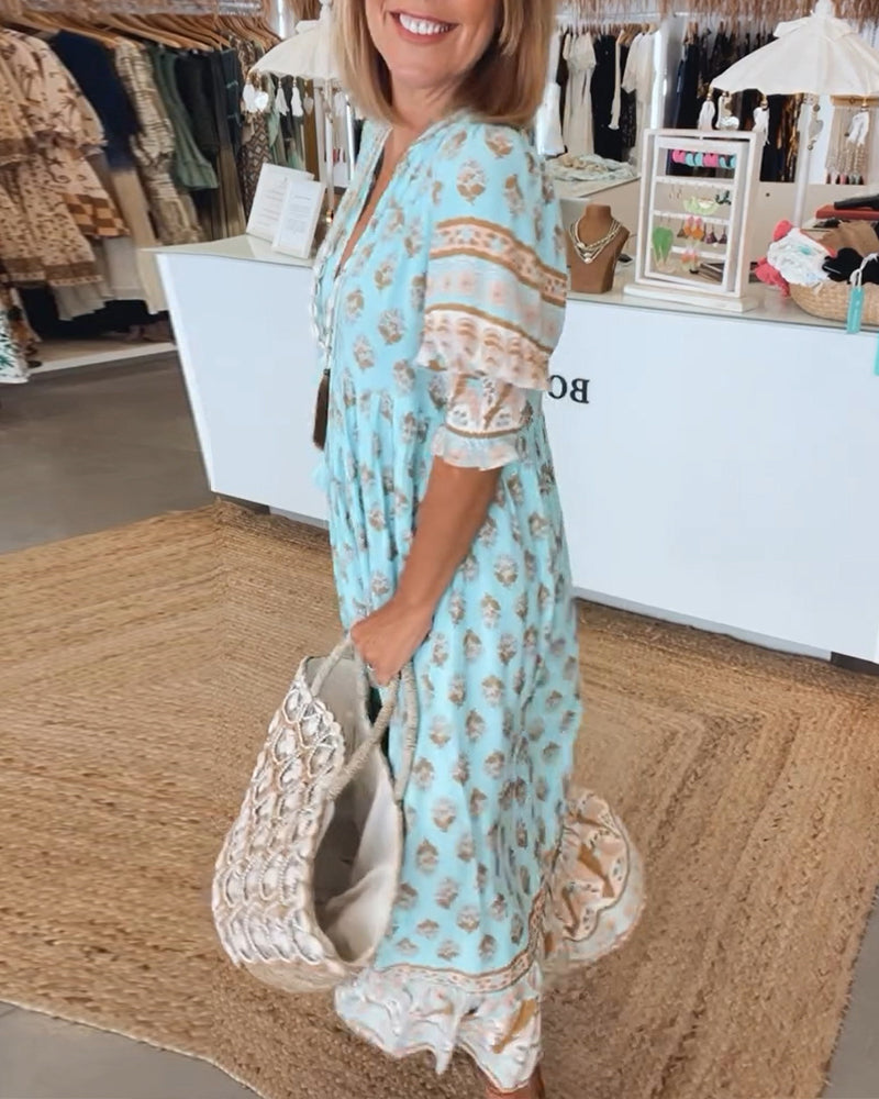 Printed V-Neck Ruffle Short Sleeve Tiered Maxi Dress