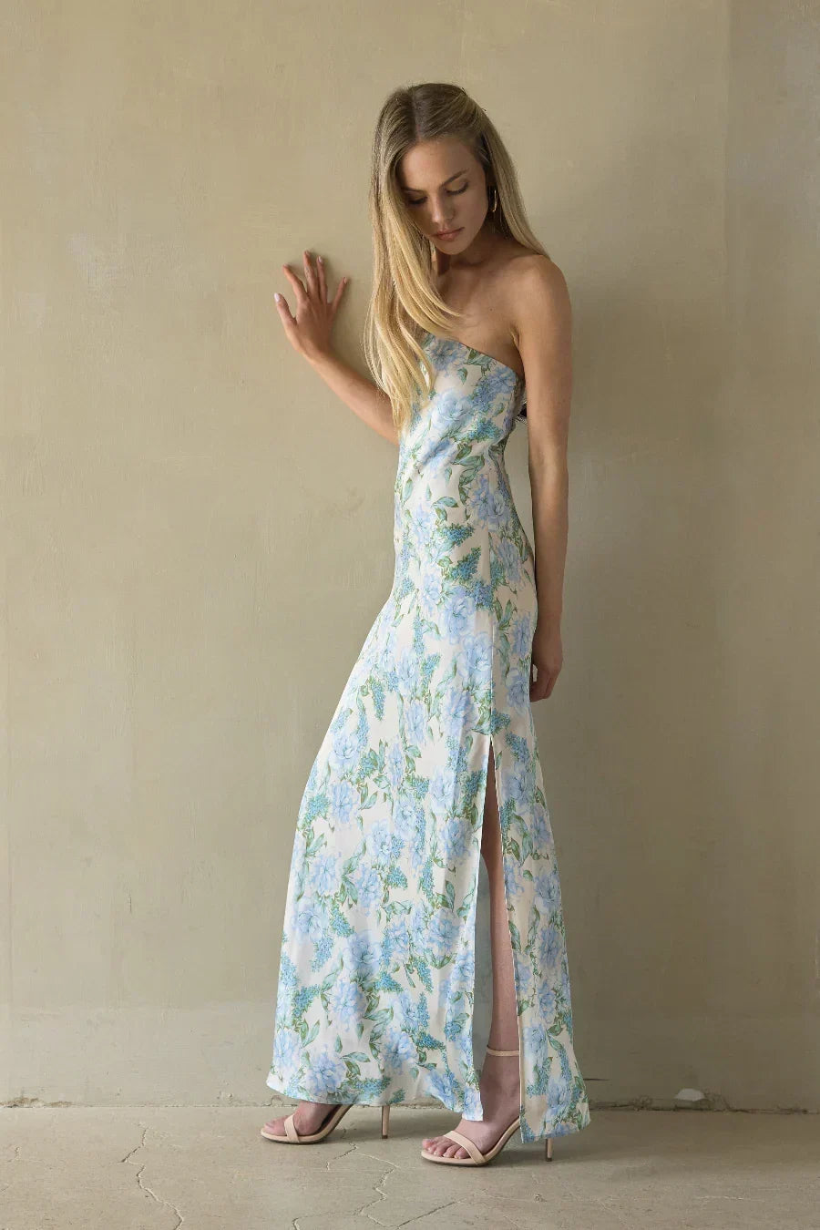 Floral Print Satin Strapless Column Maxi Dress 2