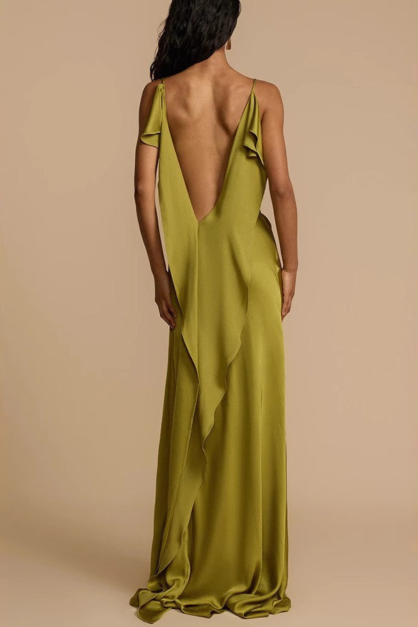 Satin Cowl Neck Spaghetti Strap High Split Column Slip Maxi Gown