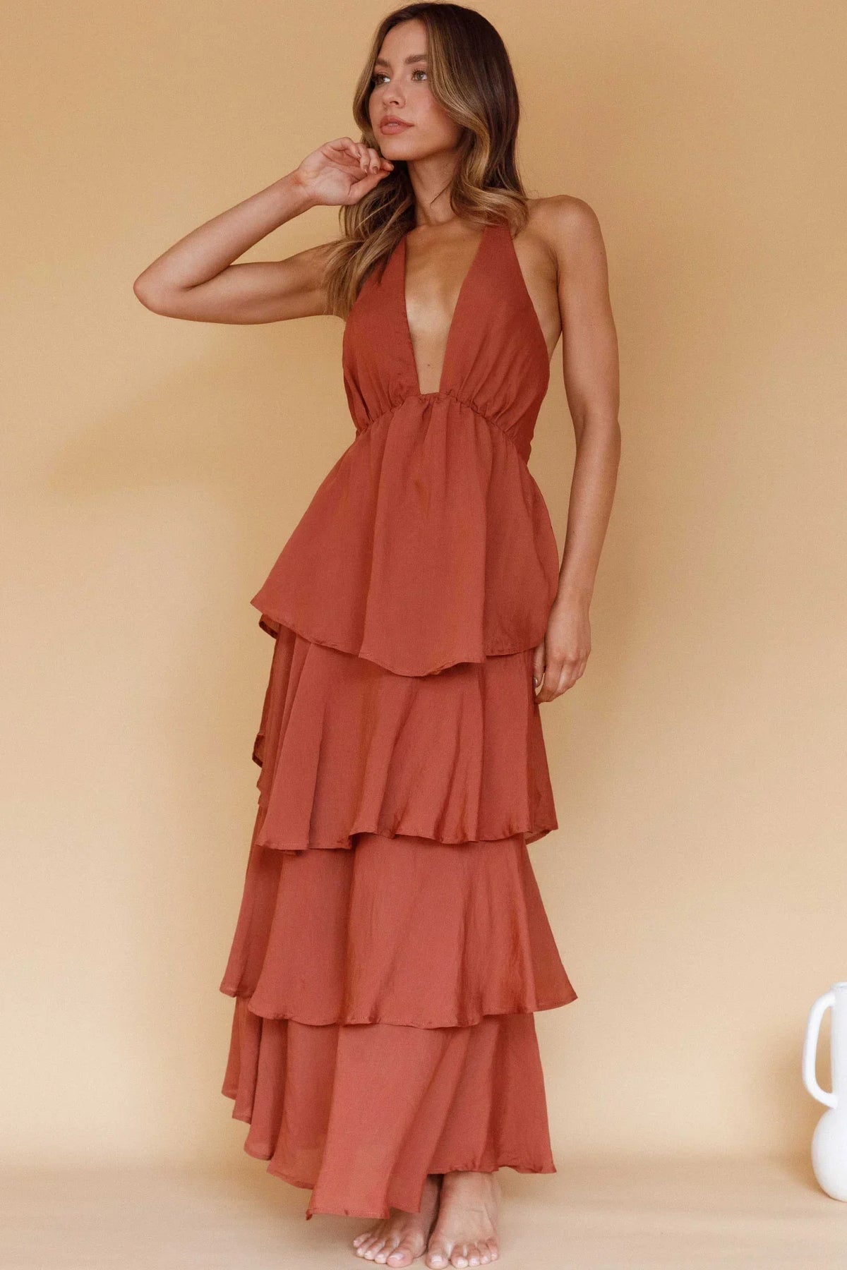 Plunge Halter Neck Tie Back Tiered Ruffle Maxi Dress 9
