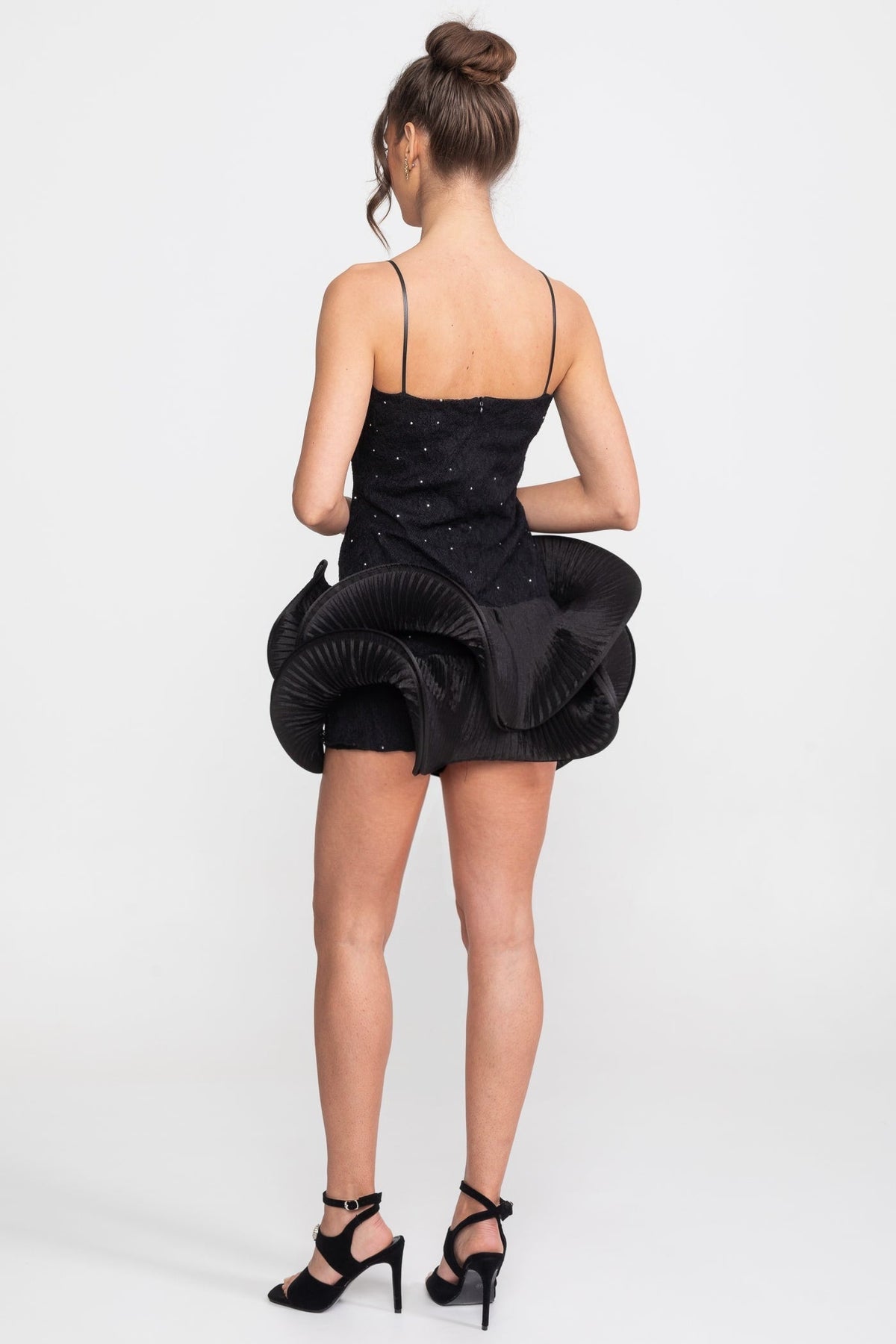 Scoop Neck Spaghetti Strap Rhinestone Pleated Ruffle Hem Mini Dress 3