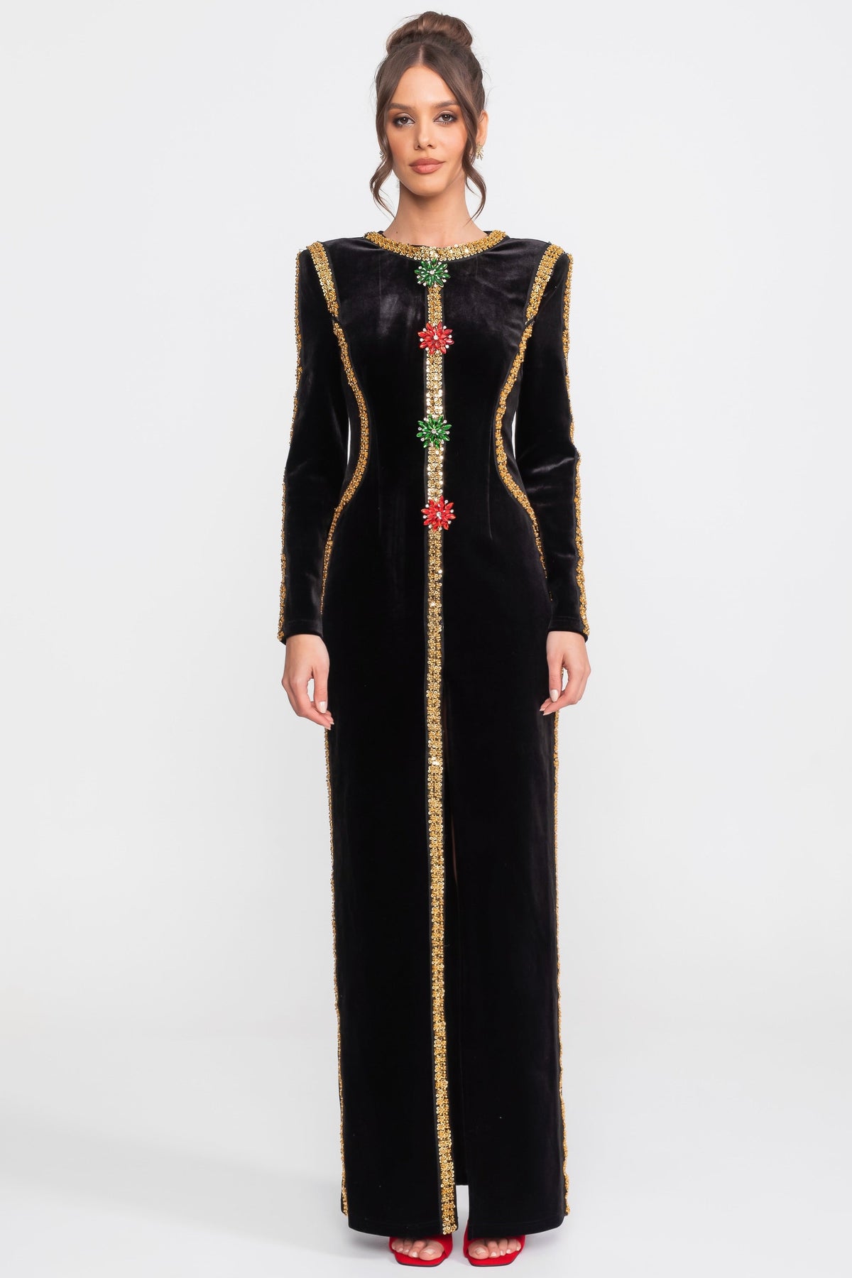 Velvet Long Sleeve Sequin Trim Jewel Embellished High Split Maxi Gown 2