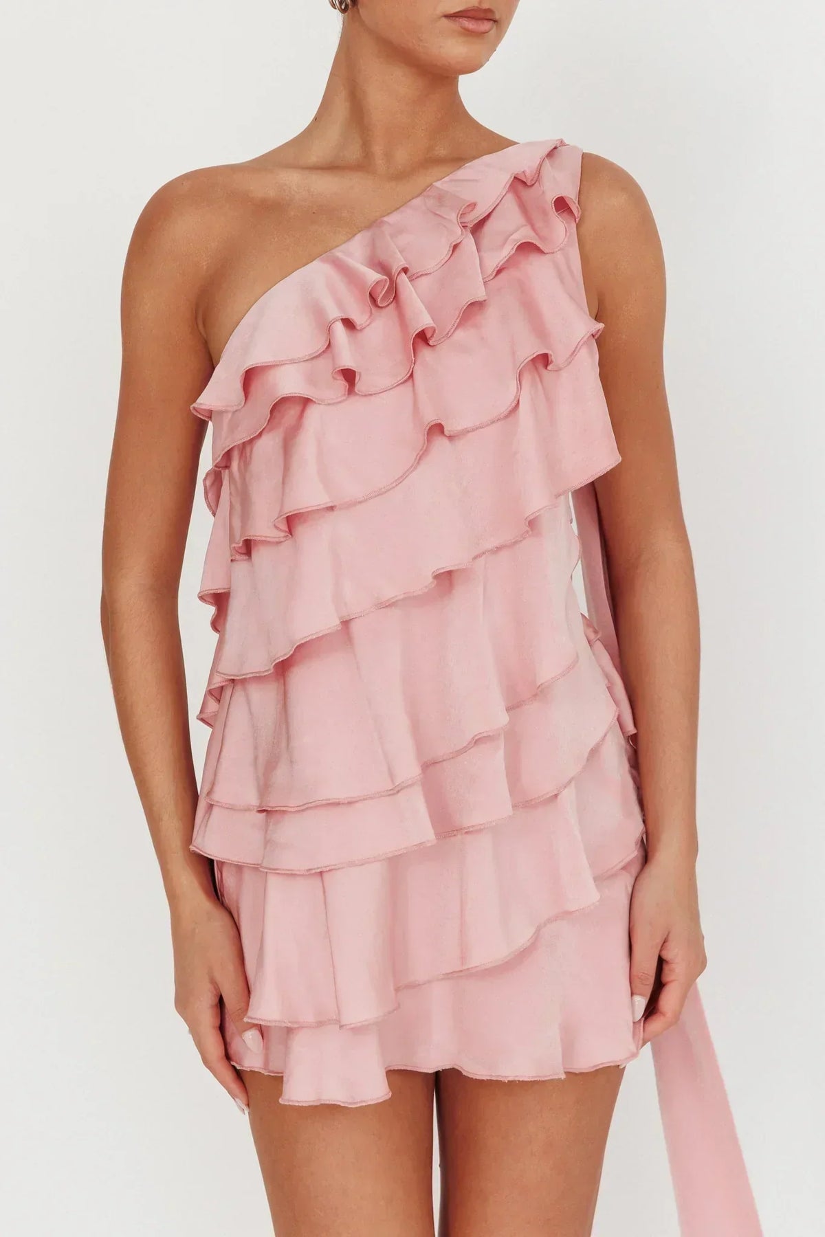One Shoulder Tiered Ruffle Sash Mini Dress 3