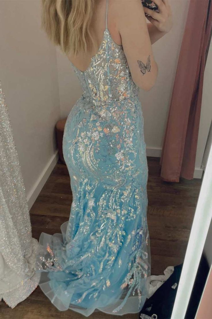 Light Blue Lace Backless Mermaid Long Prom Dress cc1015