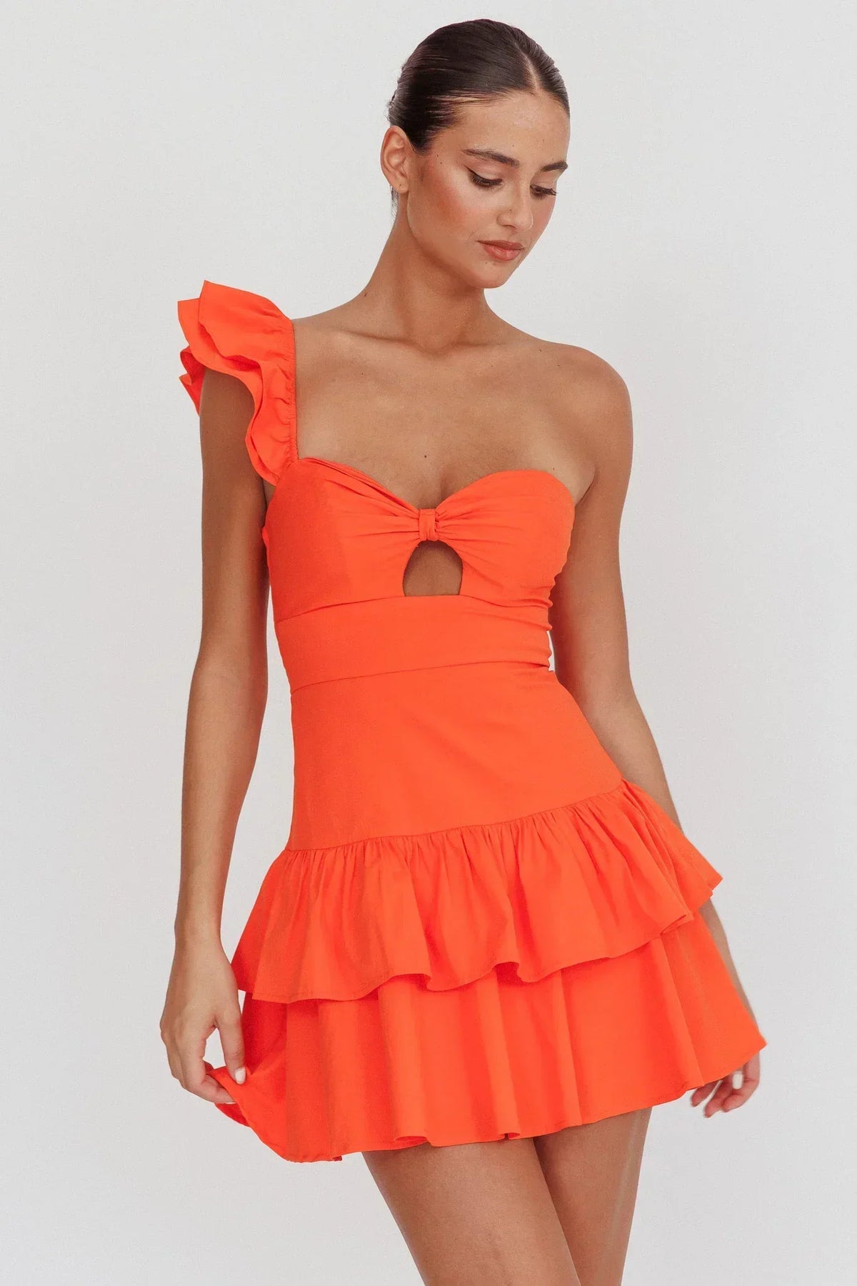 Ruffle One Shoulder Twist Keyhole Tiered Hem Mini Dress 5