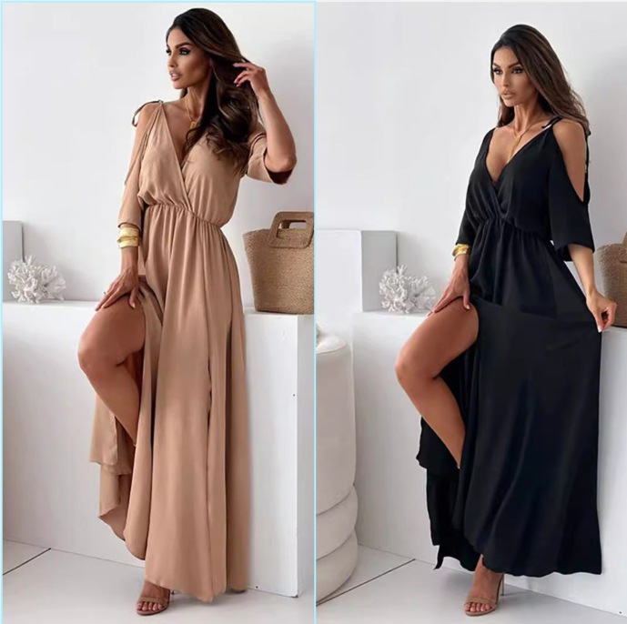 Deep V-Neck Wrap Tie Sleeve High Split Maxi Dress