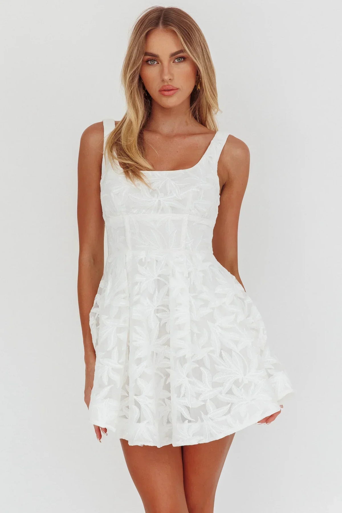 Embroidered Organza Square Neck Fit and Flare Mini Dress