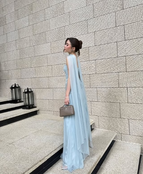 Light Sky Blue Long Prom Dress Evening Party Dresses With Scarf   fg7696