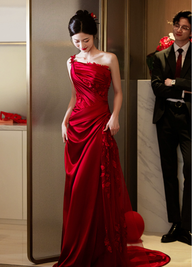 Burgundy Mermaid Long Formal Dress Satin Lace Evening Dresses