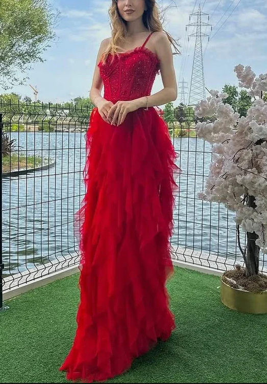 Charming Spaghetti Straps Red Ruffles Tulle Beaded Formal Prom Dress Long Evening Dress cc1989