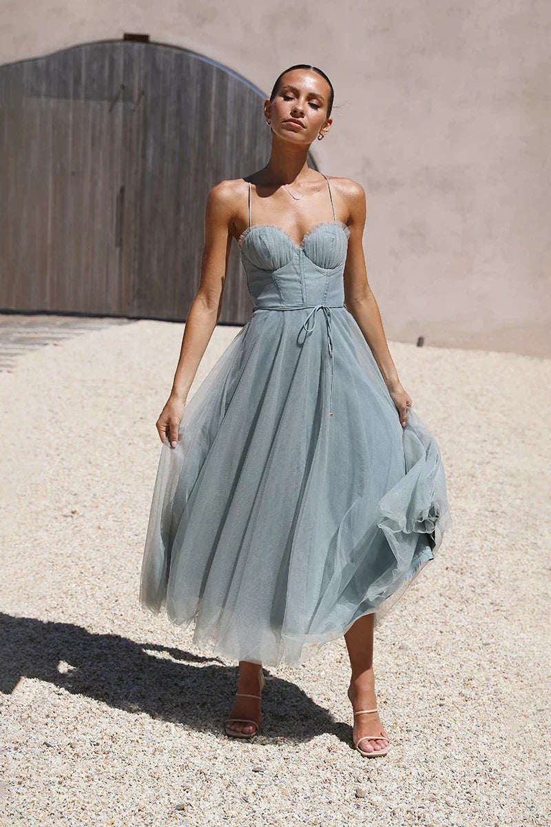 Spaghetti Strap Sweetheart Bustier Tulle Layered Belted Midi Dress