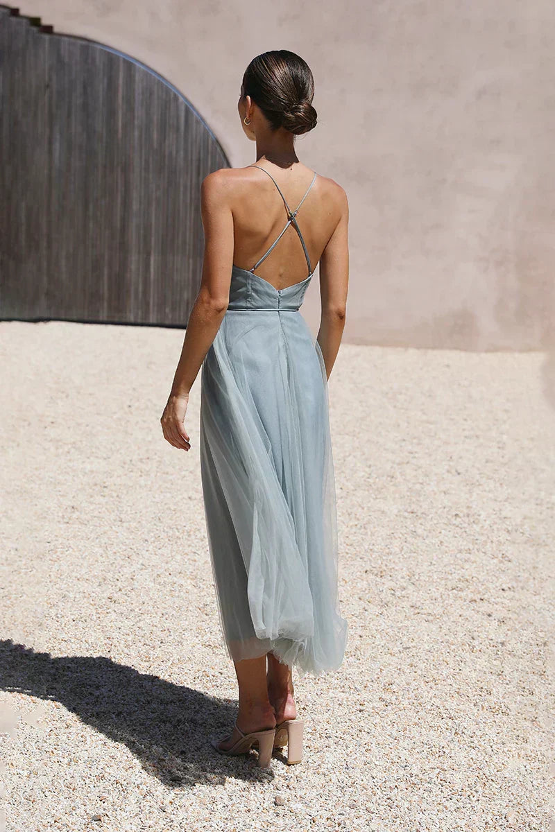 Spaghetti Strap Sweetheart Bustier Tulle Layered Belted Midi Dress