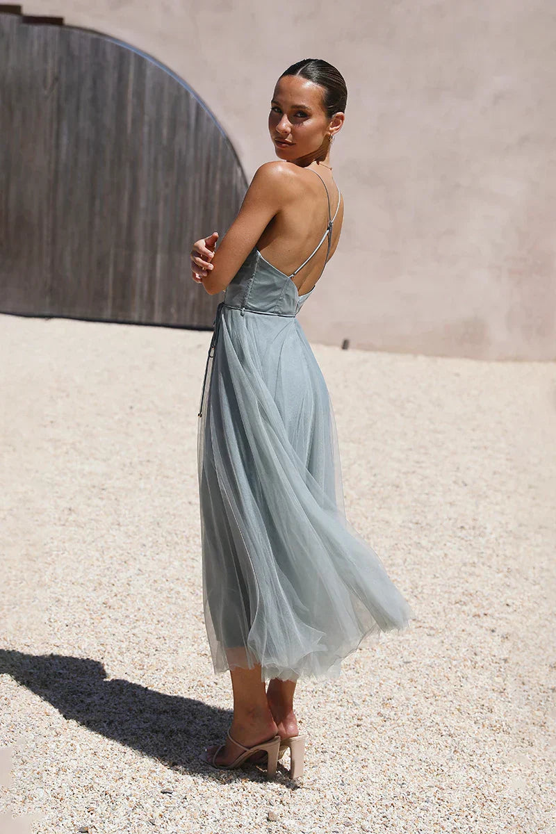 Spaghetti Strap Sweetheart Bustier Tulle Layered Belted Midi Dress