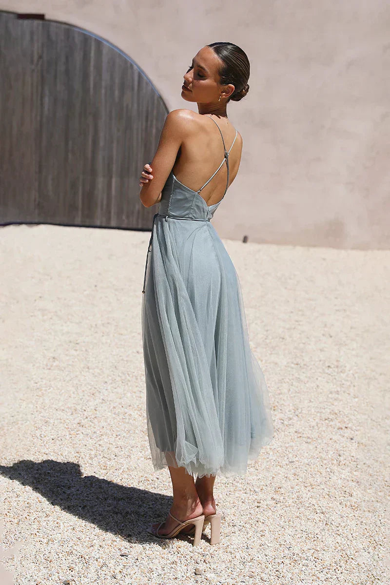 Spaghetti Strap Sweetheart Bustier Tulle Layered Belted Midi Dress