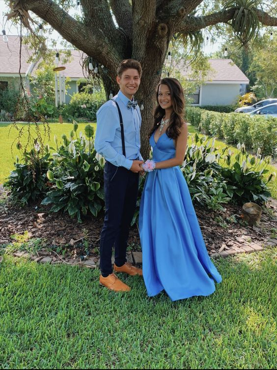 Chic A-line Blue V Neck Prom Dress,Blue Formal Dress cc922