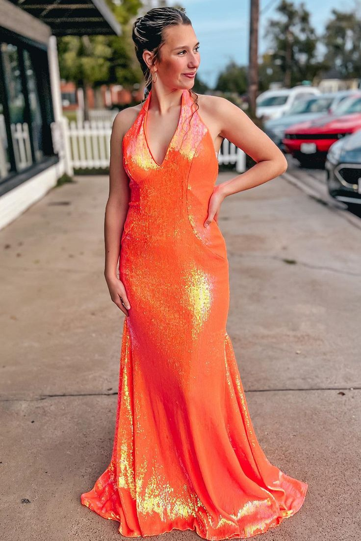 Orange Mermaid Halter Sequins Backless Long Prom Dress cc1012