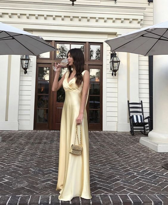 Simple Yellow V Neck Long Prom Dress Evening Dress cc1805