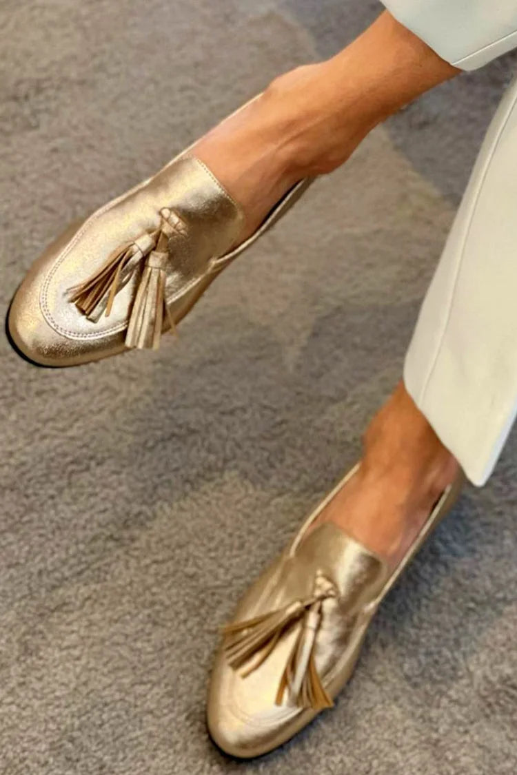 Metallic Finish Tassel Detail Slip On Loafers