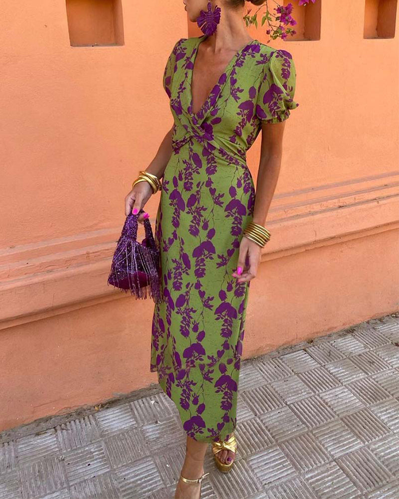 Della - Women's Pleated Floral Print Boho Dress Green L