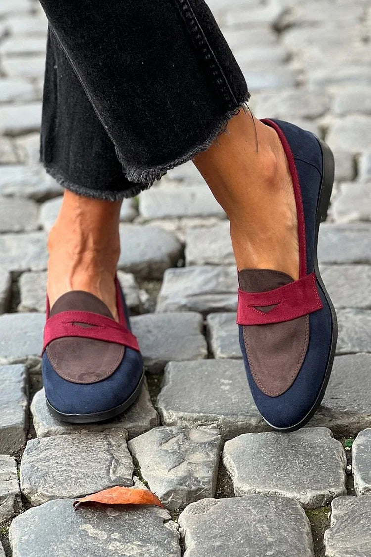 Round Toe Contrast Panel Penny Loafers