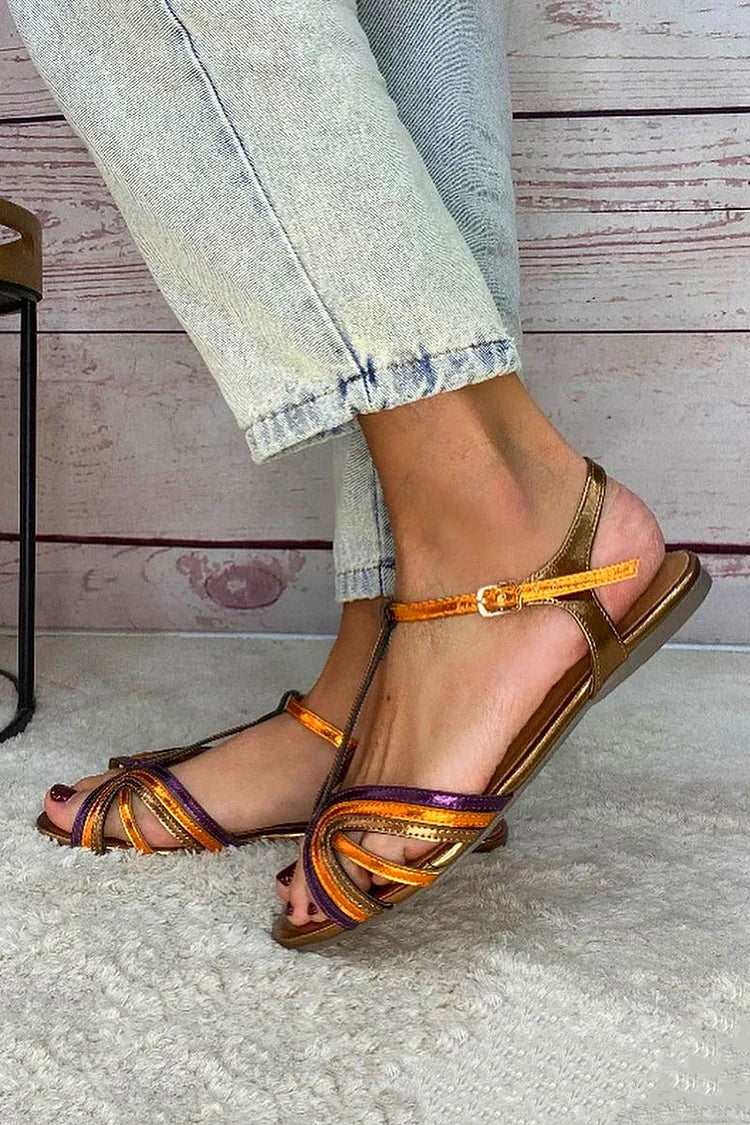 T Strap Metallic Flat Sandals