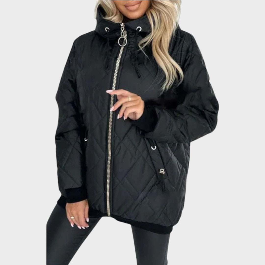 Quilted Hooded Drawstring Zip Front Jacket