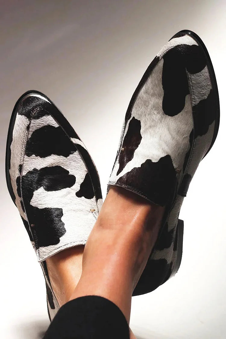 Cow Print Pointed Toe Flat Loafers