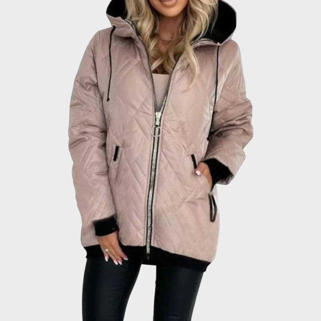 Quilted Hooded Drawstring Zip Front Jacket
