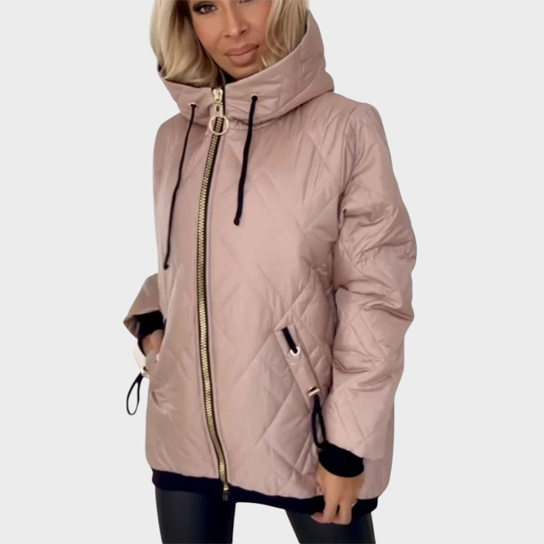 Quilted Hooded Drawstring Zip Front Jacket