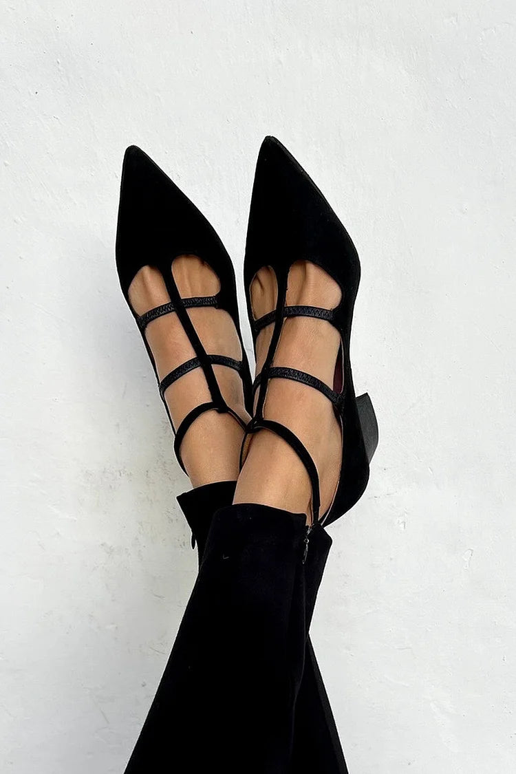 Pointed Toe Triple Strap Suede Look Low Block Heel Pumps