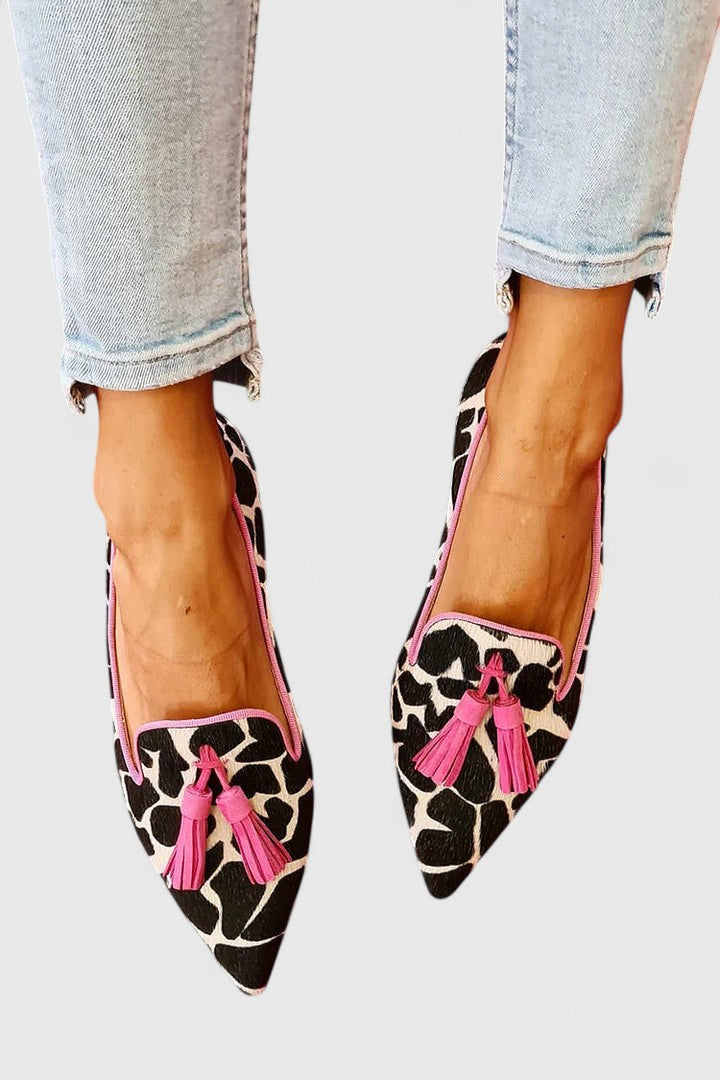 Pointed Toe Tassel Cow Print Flats