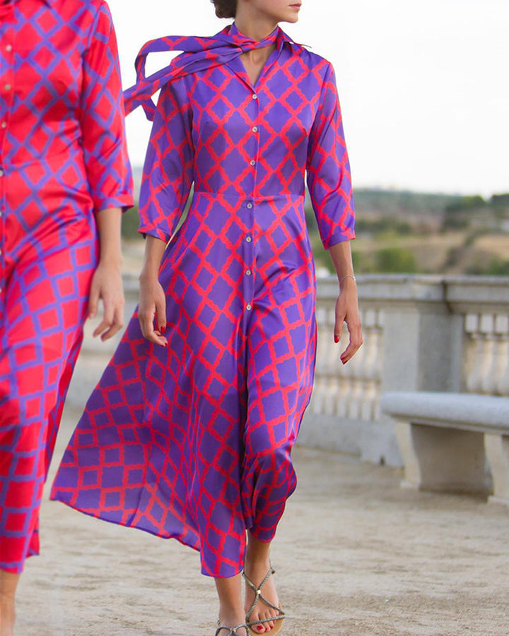 Casandra Timeless Shirt Dress with V Neck and 3/4 Sleeves Elevated Occasion Wear