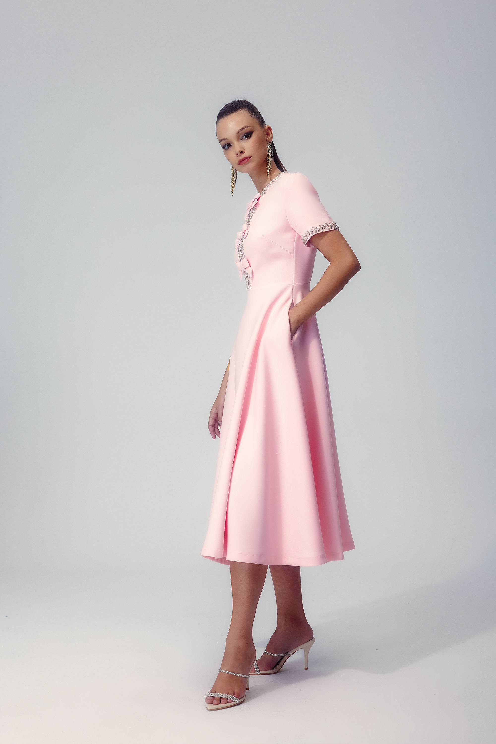 Rhinestone Trim Triple Bow Short Sleeve Round Neck A-Line Midi Dress