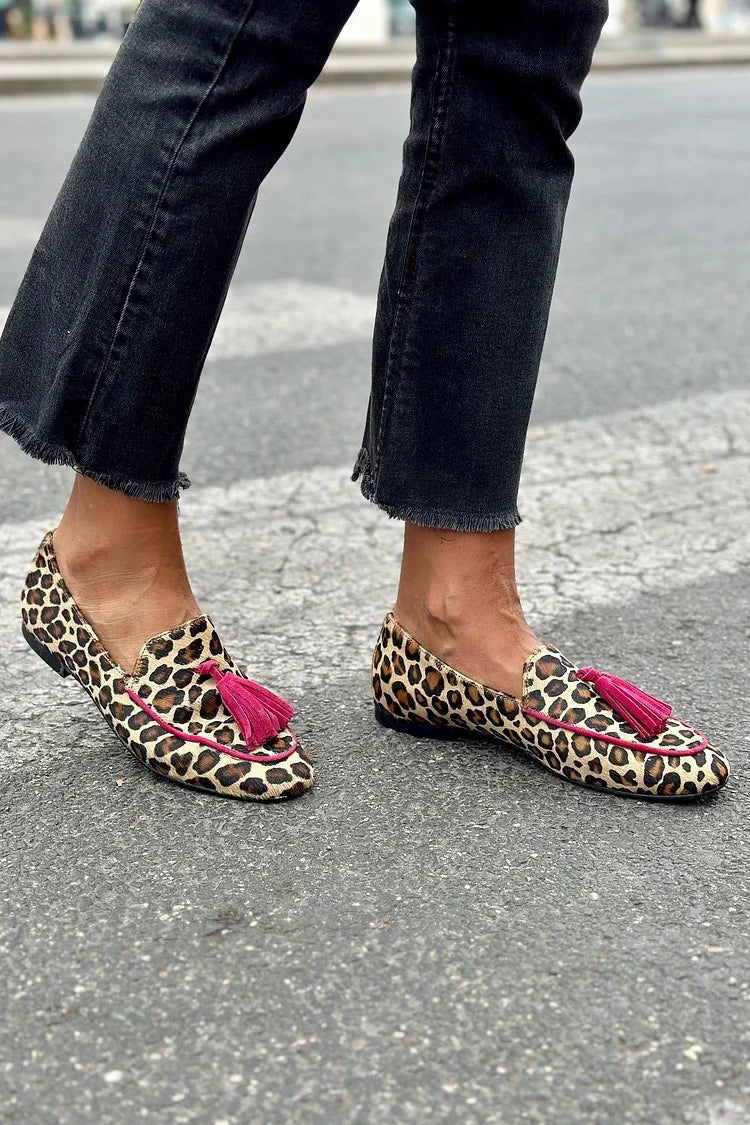 Leopard Print Tassel Square Toe Loafers