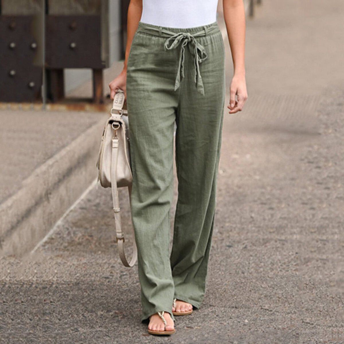 Tie Waist High Waist Wide Leg Linen Look Pants