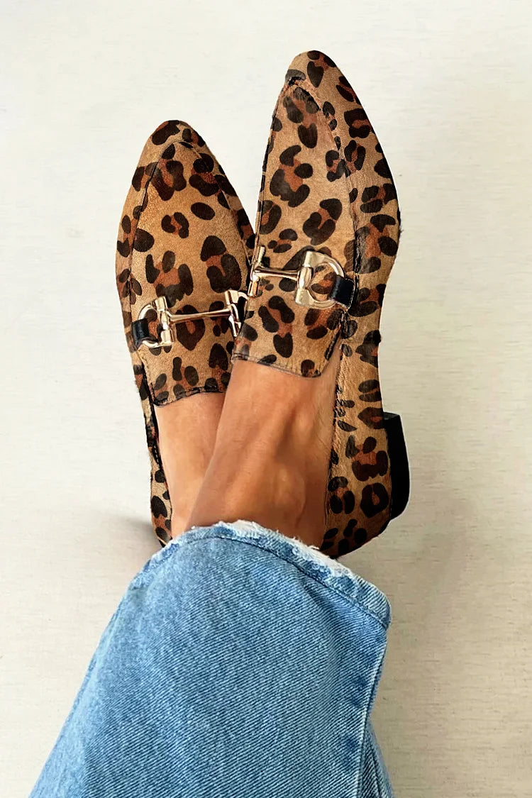 Leopard Print Pointed Toe Buckle Flat Loafers