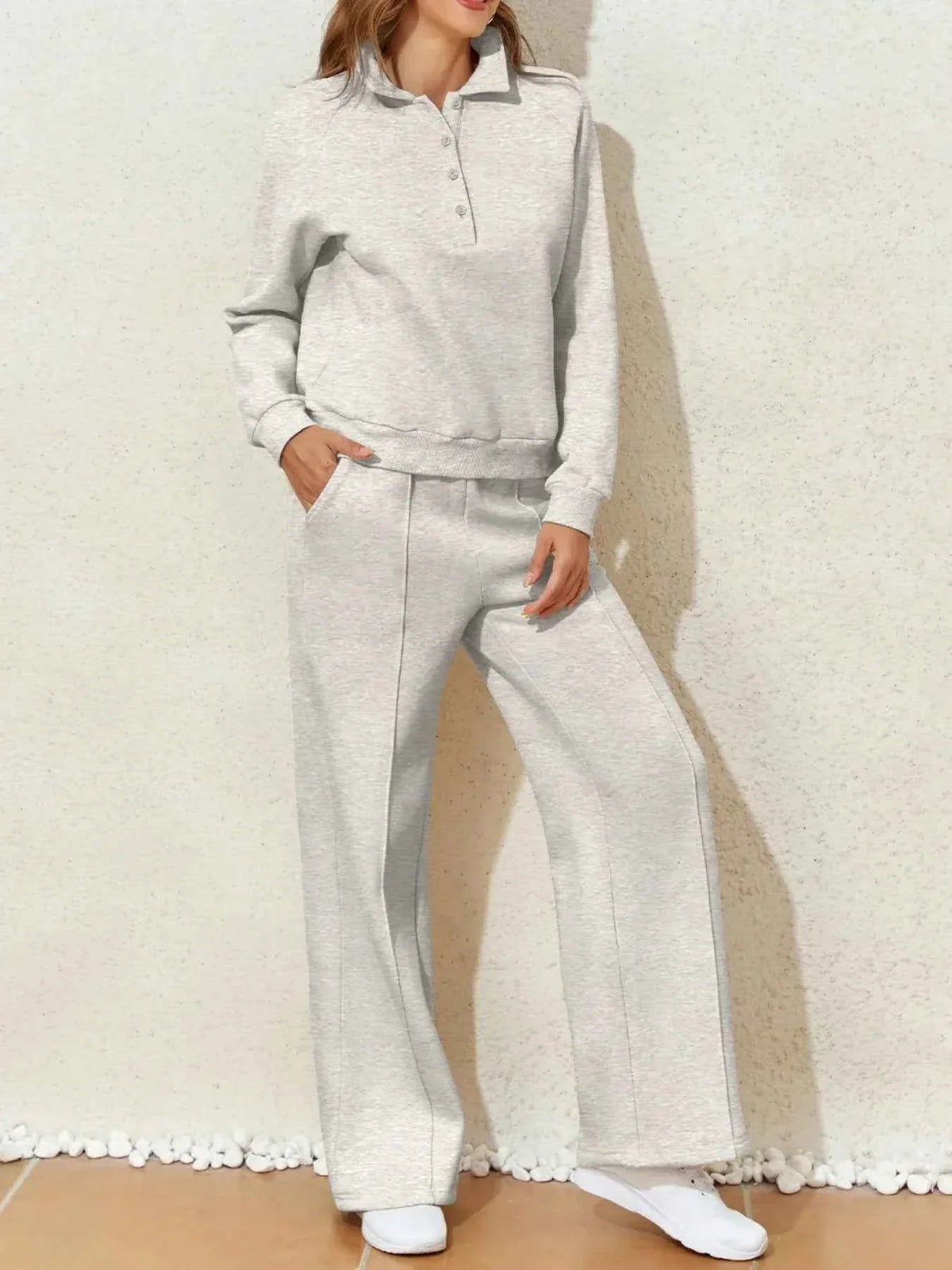 Collared Button Placket Sweatshirt and Seam Front Wide Leg Pants Two Piece Set 4