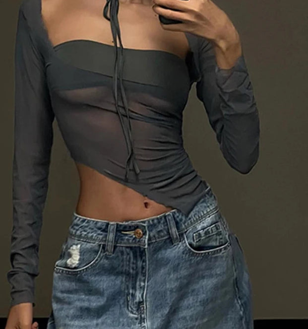 Cryptographic Fashion Mesh Sheer Top