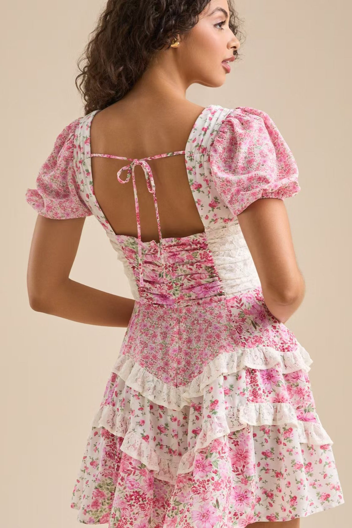 Floral Sweetheart Puff Sleeve Tiered Lace Trim Mini Dress