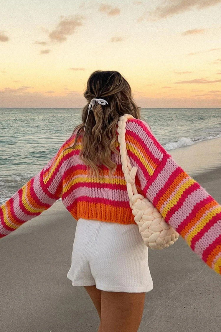 Striped Chunky Knit Crew Neck Long Sleeve Cropped Sweater 2